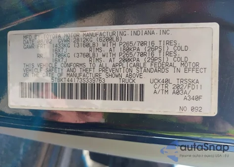 2003 Toyota Tundra Sr5 V8 z USA, uszkodzony, nr VIN 5TBKT44173S339763